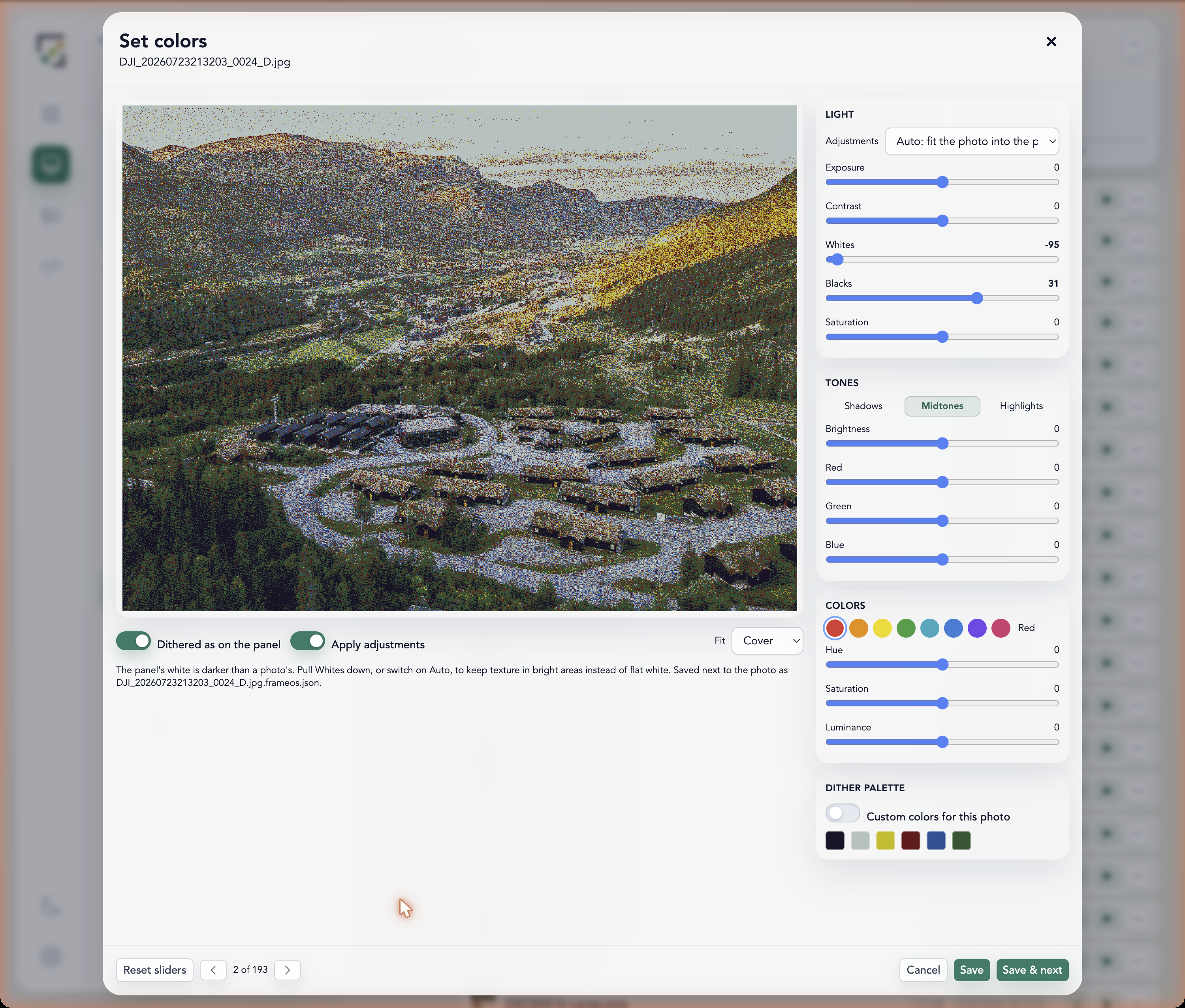 The Set colors editor: a drone photo of a mountain valley dithered as a 13.3 inch Spectra 6 panel shows it, with the Light, Tones, Colors and Dither palette controls beside it