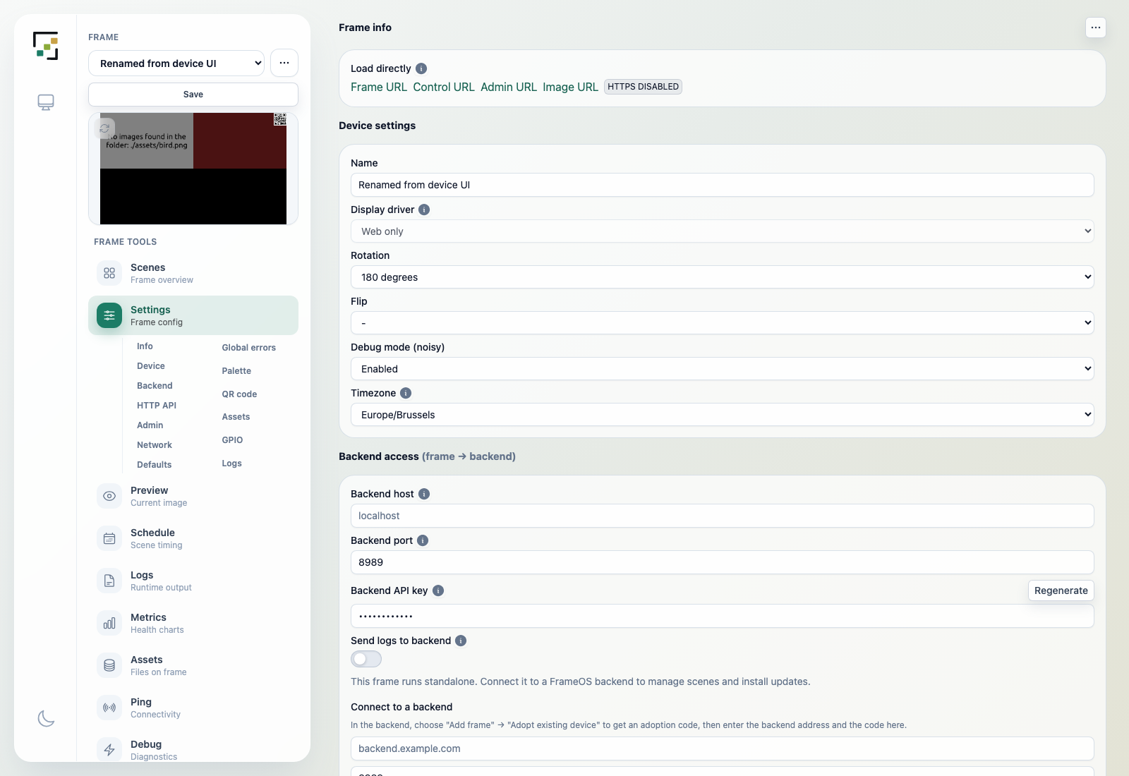 Frame settings in the on-device admin panel