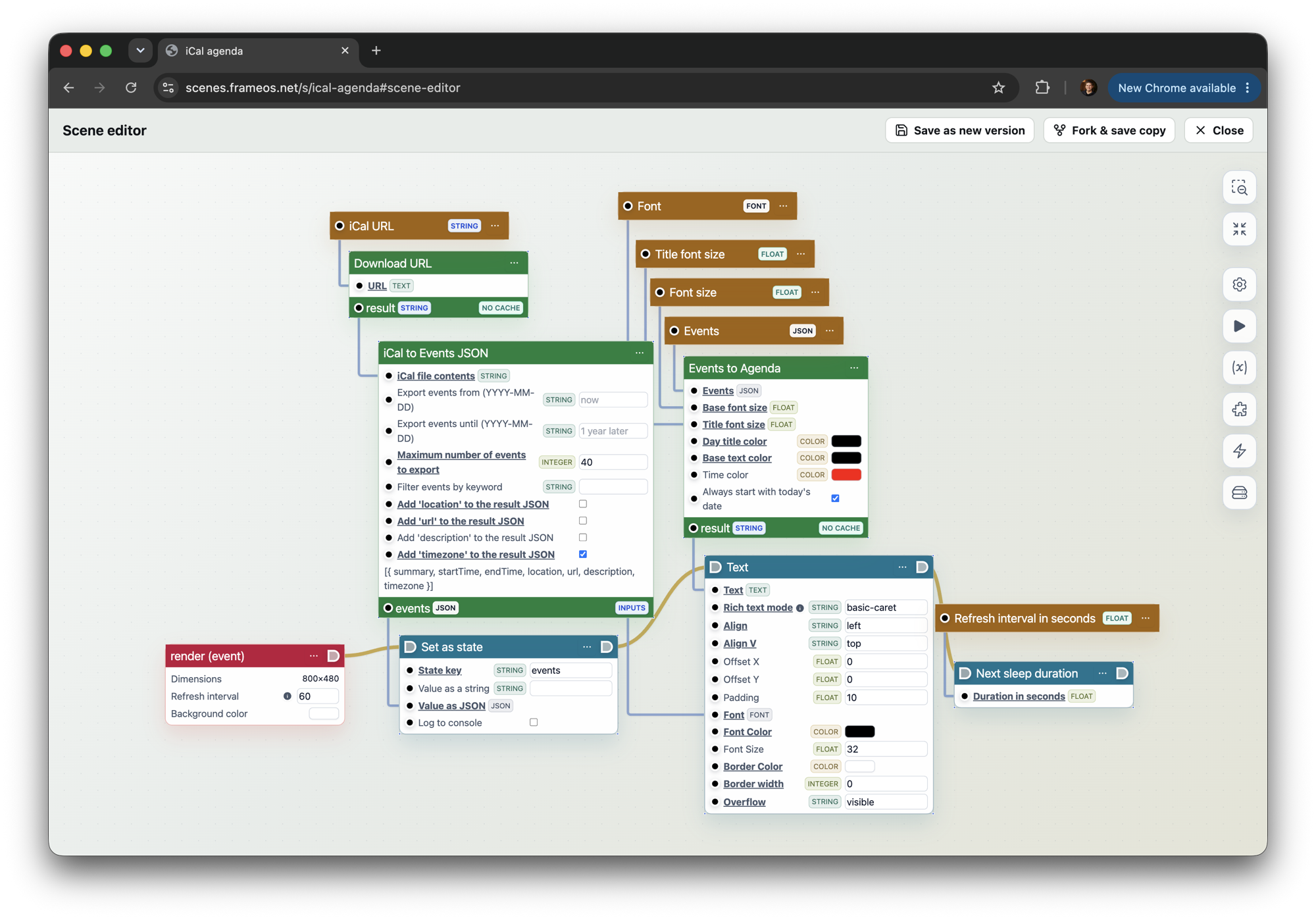 The FrameOS scene editor showing the iCal agenda scene as a node graph