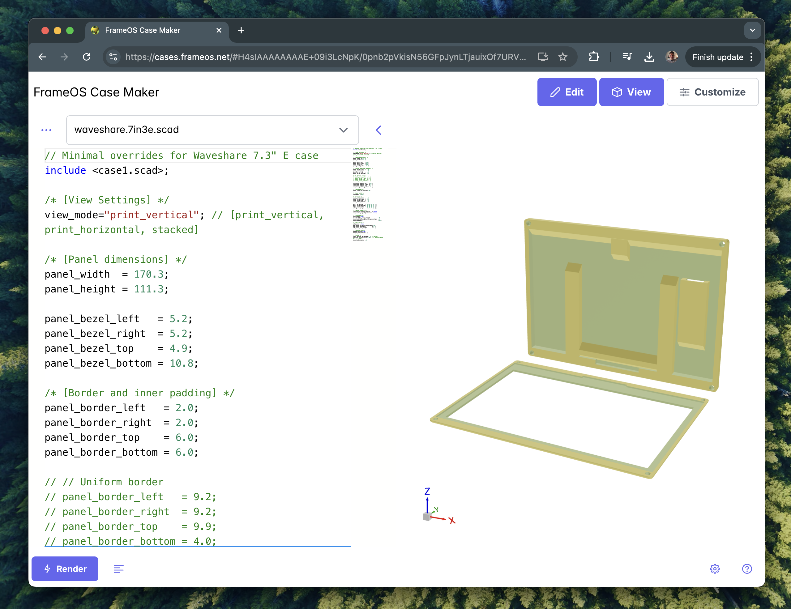 The FrameOS Case Maker interface for configuring a 3D-printed frame enclosure