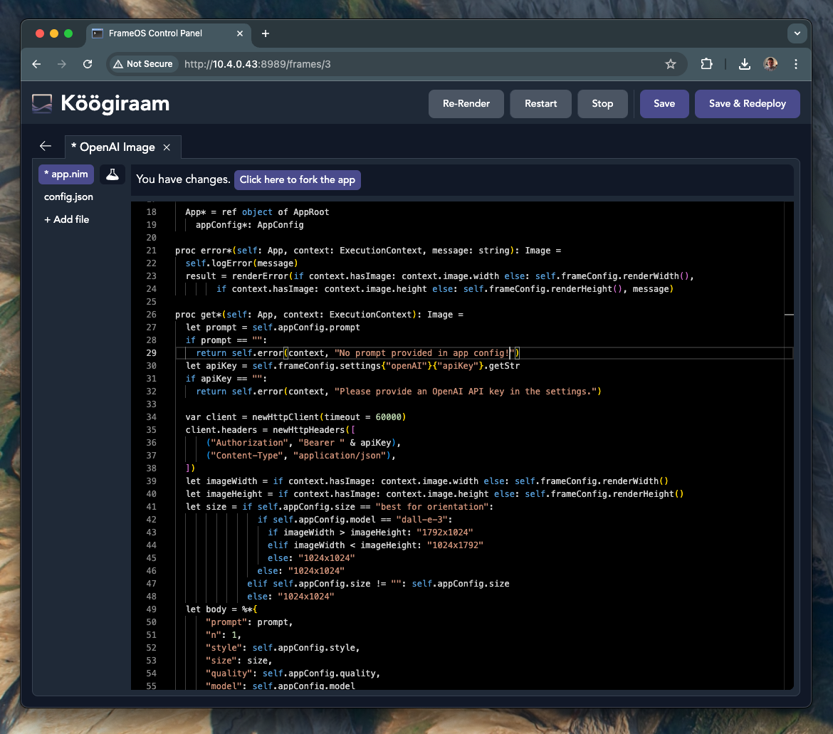 Editing the source code of an app in FrameOS