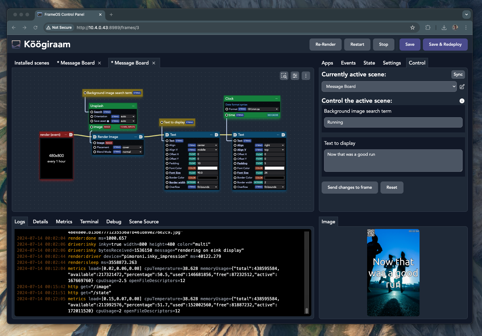 The FrameOS scene editor with a node graph