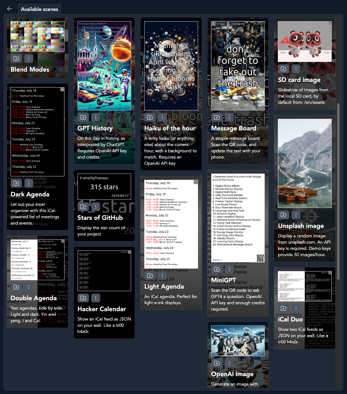 Prebuilt scenes in the FrameOS backend
