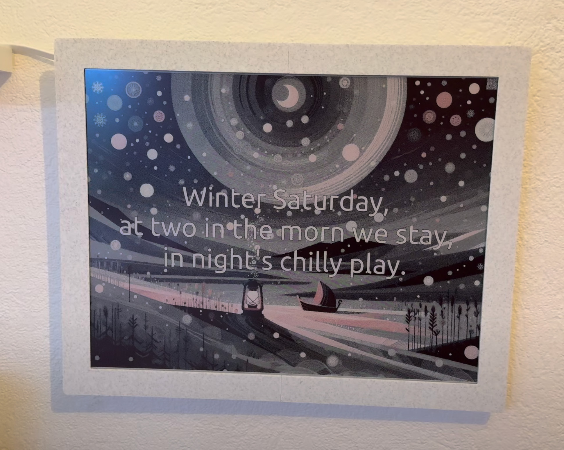 AI-generated image and haiku on a 12.48 inch e-ink display
